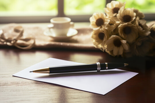 Elegant pen on blank note with coffee and flowers