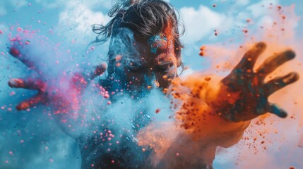 Obraz na płótnie Canvas Color dust explosion background, color paint explosion splashing around people, industrial portrait photography