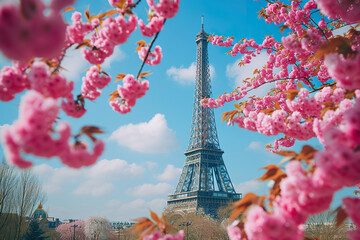Eiffel Tower framed by spring cherry blossoms under clear blue sky
