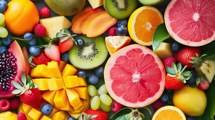 Fresh fruits including berries, citrus, tropical varieties, top view