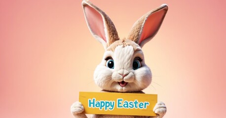 Fototapeta premium Greeting holiday Easter card with cute anthropomorphic rabbit, bunny holding a 'happy easter' sign. Abstract background image, spring concept, pastel colors. Copy space, no people illustration.