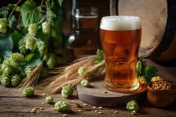Still life, a glass of beer next to a barrel and wheat , hops