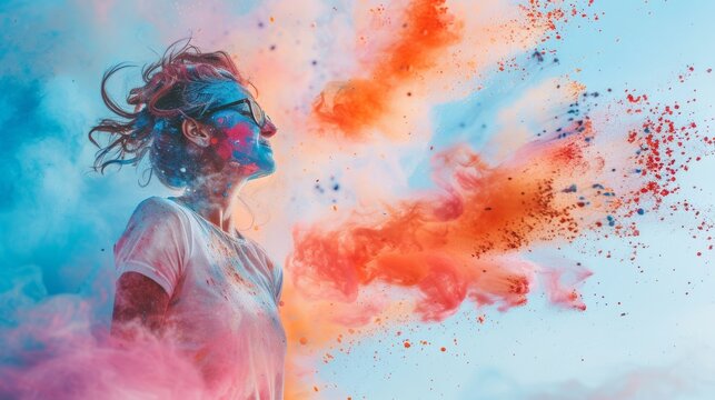 Color dust explosion background, color paint explosion splashing around people, industrial portrait photography