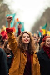 A woman passionately celebrates the arrival of spring by raising her arms up in the air, symbolizing empowerment through feminism and gender rights movements.