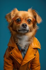 A studio portrait of a cheerful dog wearing glasses and a leather jacket, brightly lit and posing for the camera.