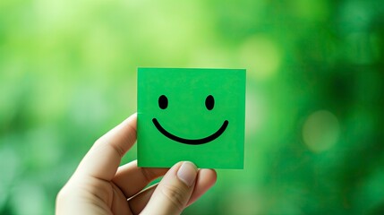 Hand holding green paper cut happy smile face on green background , positive thinking, mental health assessment , world mental health day concept - generative ai - obrazy, fototapety, plakaty