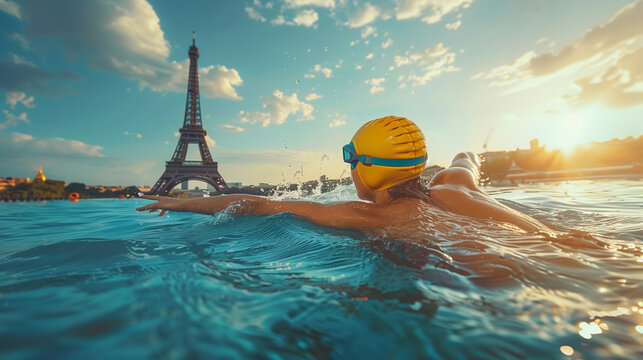 Olympic swimmer with the Eiffel Tower at the Paris 2024 Olympic Games representing the sport of swimming