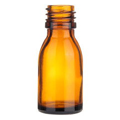An open amber glass medicine bottle without a cap, showcasing the bottle's neck and opening,...