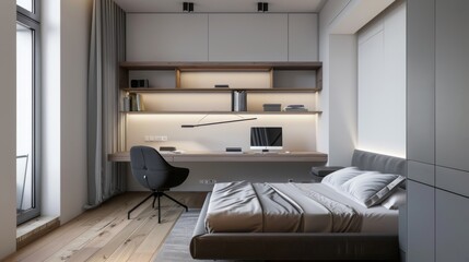 Contemporary Bedroom with Built-in Desk and Wall-mounted Shelves AI Generated.