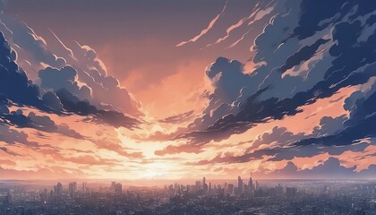 An atmospheric anime setting with dramatic clouds brewing before a storm