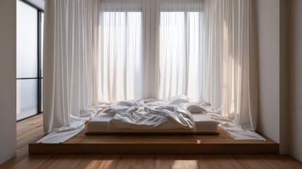 Minimalist Bedroom with Platform Bed and Privacy Curtains