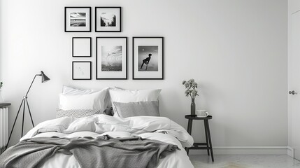 Modern Bedroom Design with Sleek Black and White Photo Display
