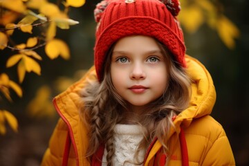 Portrait of a beautiful little girl in a yellow jacket and red hat