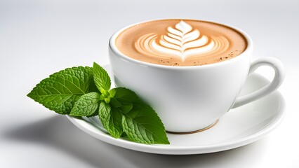 Mint and cappuccino cup with a leaf design in the frothed milk - obrazy, fototapety, plakaty