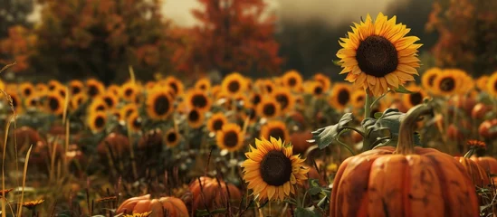 Rolgordijnen Field of sunflowers in a pumpkin patch. © Sona
