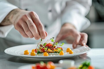 Obraz na płótnie Canvas Close-up of a professional chef's hands artistically plating a sophisticated culinary creation Focusing on the textures and colors of the ingredients