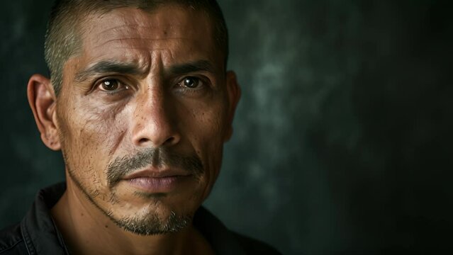 A man of Latino descent with a haunted expression his face a canvas of his struggles with PTSD and the cultural stigma surrounding mental health, Close-Up of Person Wearing Black Shirt
