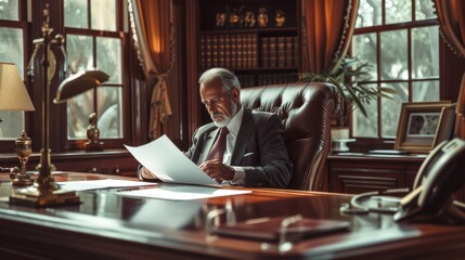 A focused executive evaluates paperwork in the prestigious setting of a wood-paneled office, reflecting professionalism and determination. AIG41 - obrazy, fototapety, plakaty