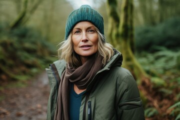 Mature woman in a green jacket and a knitted hat standing in a forest