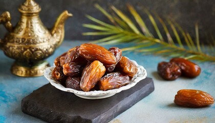 Delicious Kurma Tunisia, sweet dried dates palm fruits. Popular during Ramadan - obrazy, fototapety, plakaty