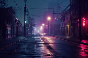 Moody and atmospheric night scene on an empty street illuminated by neon lights Creating a sense of mystery and urban exploration