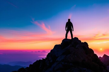 Silhouette of a lone adventurer standing atop a mountain peak at sunset Symbolizing achievement and personal growth