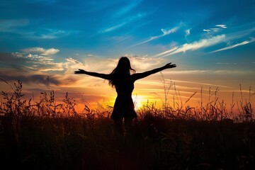Silhouette of a woman in a field at sunset Embodying freedom and joy. a backlit portrait capturing a moment of bliss against a dramatic sky.