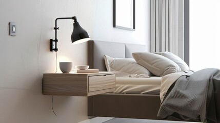 Stylish Minimalistic Bedroom with Floating Bedside Table and Wall-Mounted Lamp