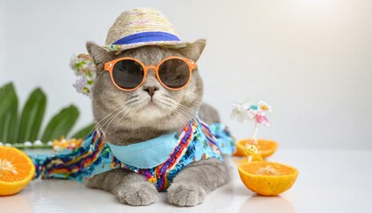 Songkran and summer season concept with scottish cat wearing summer cloth and sunglasses on white background