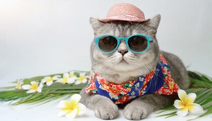 Songkran and summer season concept with scottish cat wearing summer cloth and sunglasses on white background 
