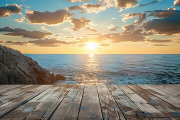 Fototapeta na wymiar Wooden table against a stunning seascape Offering a serene and picturesque setting. high-quality image perfect for backgrounds