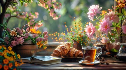 Spring breakfast with coffee and croissant - Powered by Adobe