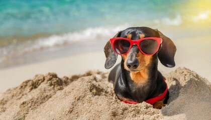 Top view cute dog of dachshund, black and tan, wearing red sunglasses, having relax and enjoying buried in the sand at the beach ocean on summer vacation holidays