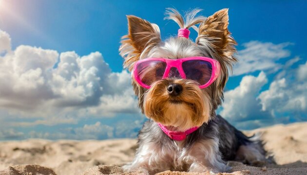 Yorki dog with pink goggles on the sand with blue sky clouds and sun in the background