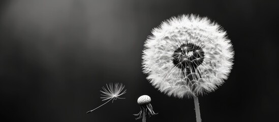 Monochrome image of dandelion and its seeds.