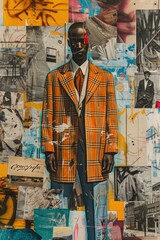 Urban Fabric Fusion Collage: Tailored Suits Meets Streetwear Against City Mural Backdrop