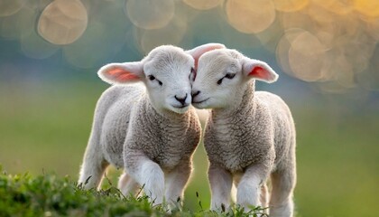 Fototapeta premium Two lambs cuddle and love, heads close together and a green pasture.