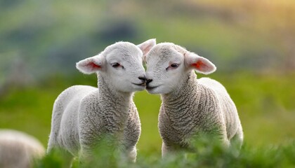 Two lambs cuddle and love, heads close together and a green pasture.