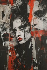 Monochrome and Red Androgyny Collage: Artful Models Merged with Abstract Expressionist Flair
