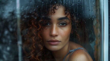 Fototapeta premium Sad woman with life difficulties, depression and emotional problems looking through a window in a rainy day