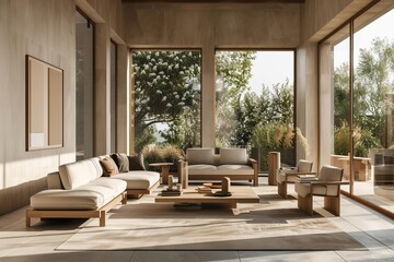 Fototapeta premium Chic and modern living room interior Showcasing a spacious design with minimalist furniture Large windows And a neutral color palette