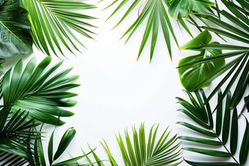 Close-up of vibrant palm leaf textures Framing the edges with lush greenery against a stark white backdrop for a tropical theme