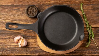 Empty black cast iron pan on wooden table
