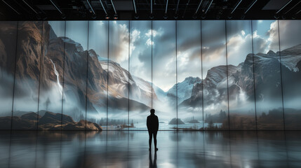 Man looking at a large led screen with vivid mountain landscape display