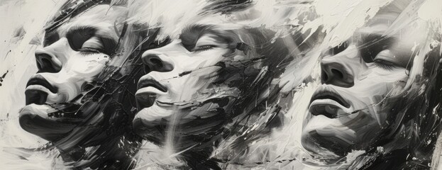 Raw Emotion and Movement Collage: Monochrome Portraits with Abstract Expressionist Flair