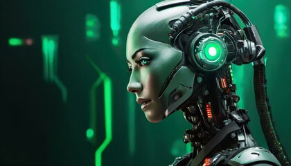 Obraz premium Collage of female humanoid robot invention on dark green background