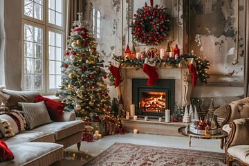 Elegant christmas interior of a living room with a stylishly decorated fireplace and christmas tree Embodying the warmth and joy of the holiday season.