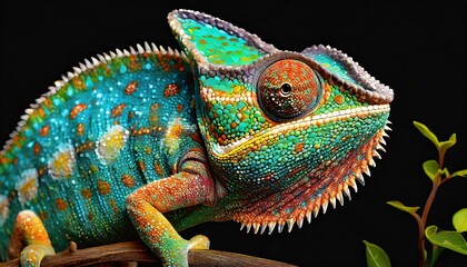 Obraz premium Realistic multicolored chameleon with iridescent skin in speck