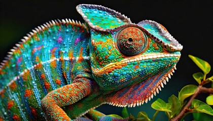 Obraz premium Realistic multicolored chameleon with iridescent skin in speck