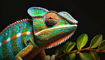 Realistic multicolored chameleon with iridescent skin in speck
